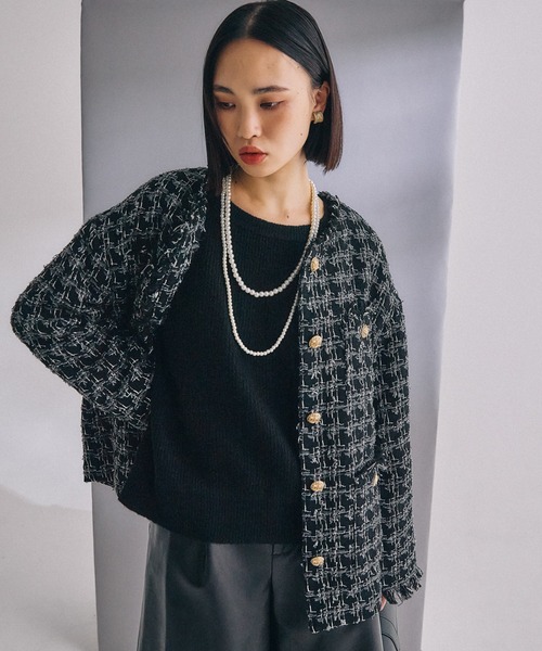 美品 定価15万 ASPESI ツイードチェックウールPコート 黒x黄 38 チェック ツイード ノーカラーコート / 23区 | ファッション通販