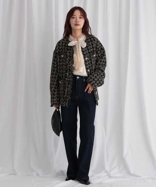 mysty woman（ミスティウーマン）の「【セットアップ着用可】ツイードチェックジャケット 583337（ノーカラージャケット・レディース・ブラック/ブラウン・FREE）」の8枚目の写真