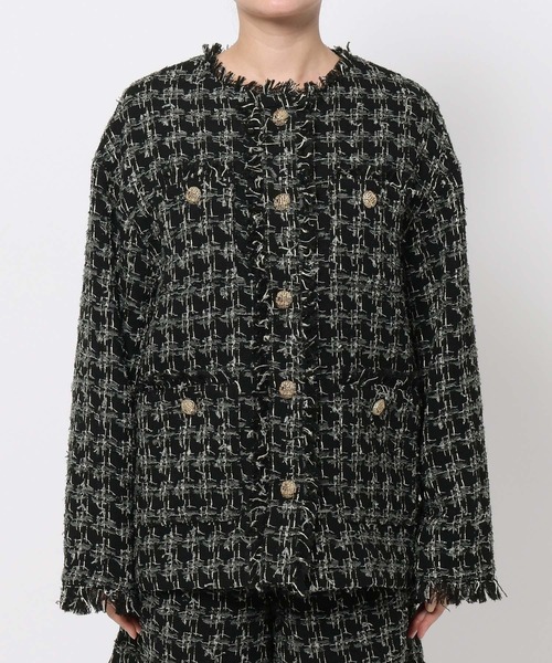 mysty woman（ミスティウーマン）の「【セットアップ着用可】ツイードチェックジャケット 583337（ノーカラージャケット・レディース・ブラック/ブラウン・FREE）」の10枚目の写真