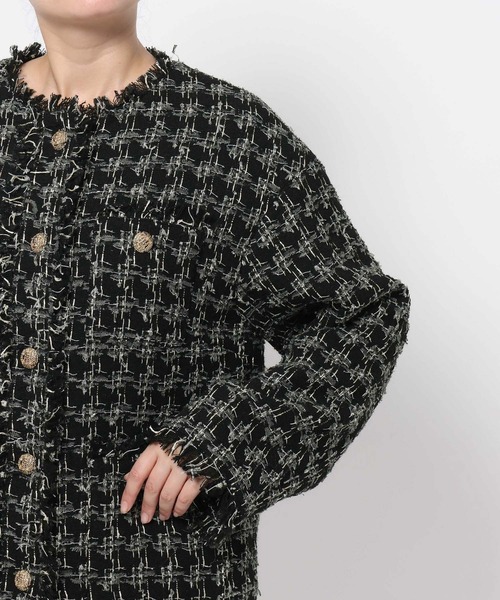 mysty woman（ミスティウーマン）の「【セットアップ着用可】ツイードチェックジャケット 583337（ノーカラージャケット・レディース・ブラック/ブラウン・FREE）」の14枚目の写真