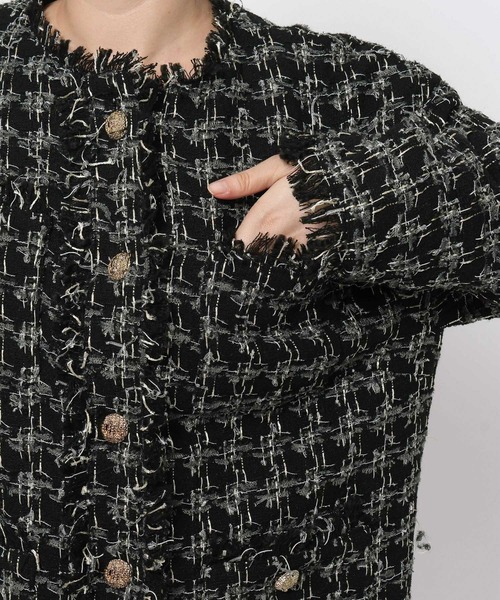 mysty woman（ミスティウーマン）の「【セットアップ着用可】ツイードチェックジャケット 583337（ノーカラージャケット・レディース・ブラック/ブラウン・FREE）」の16枚目の写真
