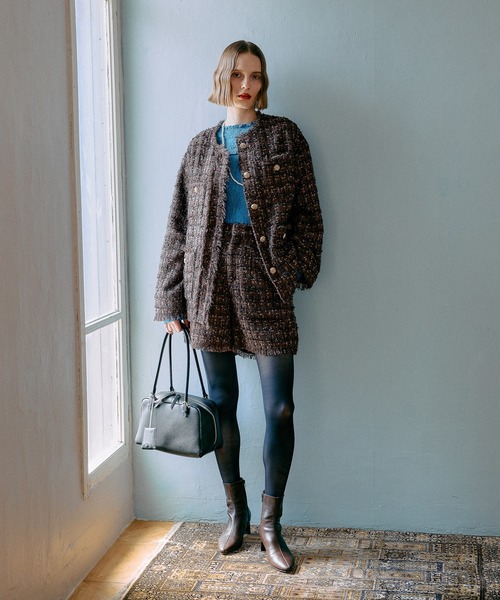 mysty woman（ミスティウーマン）の「【セットアップ着用可】ツイードチェックジャケット 583337（ノーカラージャケット・レディース・ブラック/ブラウン・FREE）」の4枚目の写真