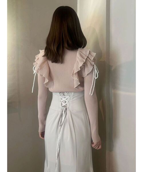 MERCURYDUO（マーキュリーデュオ）の「異素材プリーツラッフルリブニット（ニット/セーター・レディース・ブルー/オフホワイト/ベージュ/ブラック・FREE）」の7枚目の写真