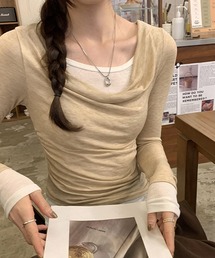 leune（ルネ）の「レイヤード風バイカラードレープトップス（Tシャツ/カットソー）」