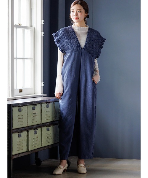 Curensology バックギャザーサロペット ワンピース ダークネイビー セール】ピーチ起毛シャーリングサロペット（サロペット