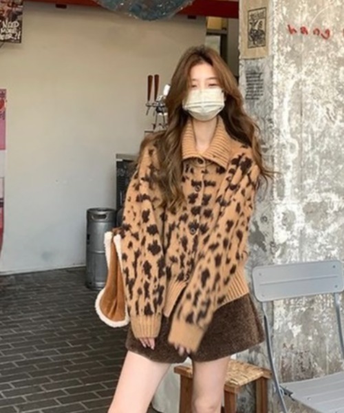 ヒョウ柄　ベージュ　カーディガン 3色展開】「Backers」レオパード柄 モヘア混 カーディガン ベージュ