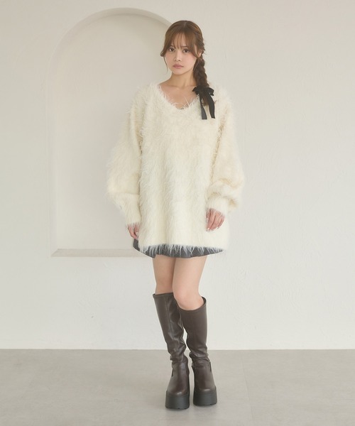 Ambre Neige（アンブルネージュ）の「2way shaggy v neck knit / 2WAYVシャギーVネックニット（ニット/セーター・レディース・グリーン/ダークブラウン/ベビーピンク/アイボリー・FREE）」の10枚目の写真
