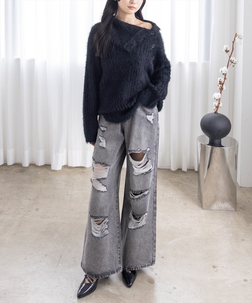 CLEAR BASIC（クリアベーシック）の「サイドボタンフェザーニットチュニック［大人 カジュアル 着回し力抜群］≪AW新作≫（チュニック・レディース・アイボリー/ブラック/グレー・F）」の6枚目の写真