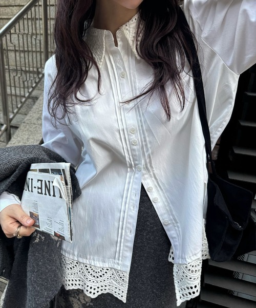 WILLFULLY(ウィルフリー)の「lace collar hem shoulder pintuck SH(シャツ/ブラウス・レディース・チャコール/サックスブルー/アイボリー・FREE)」の8枚目の写真