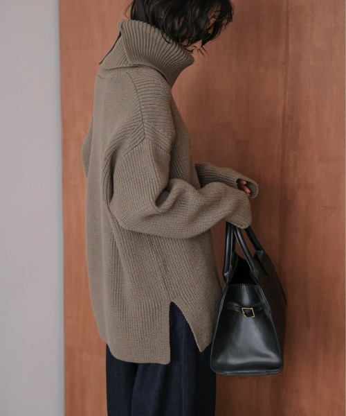 AMELY（エミリー）の「ネックウォーマー付き Vネック リブニット トップス（ニット/セーター・レディース・ブラック/ベージュ/モカ・フリー）」の8枚目の写真