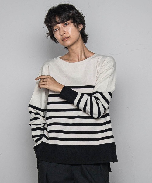 美品✨ビアズリー 裾リボン ボーダー ニット グレー ボーダー ふんわり ふわもち】ボーダーニット≪洗濯機で洗える≫（ニット/セーター