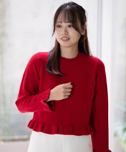 STRAWBERRY-FIELDS(ストロベリーフィールズ)の「エイミーアンゴラ_アンゴラ混フリルアクセントニット(ニット/セーター・レディース・オフホワイト/キャメル/レッド・2)」の3枚目の写真