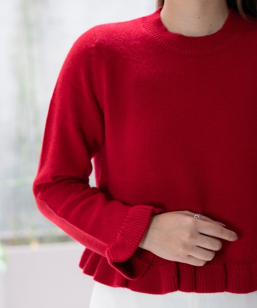 STRAWBERRY-FIELDS(ストロベリーフィールズ)の「エイミーアンゴラ_アンゴラ混フリルアクセントニット(ニット/セーター・レディース・オフホワイト/キャメル/レッド・2)」の4枚目の写真