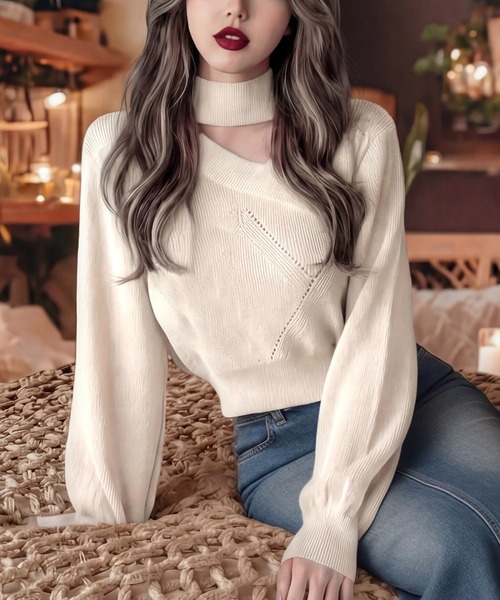 cammie(キャミー)の「チョーカーデザインニットトップス(ニット/セーター・レディース・ホワイト/ブラック・F)」の10枚目の写真
