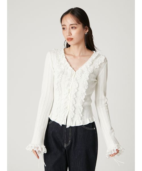 45R フリル×レース　カーディガン　コットン　ホワイト フリルレースボレロカーディガン ｜ LIZ LISA（リズリサ）公式通販