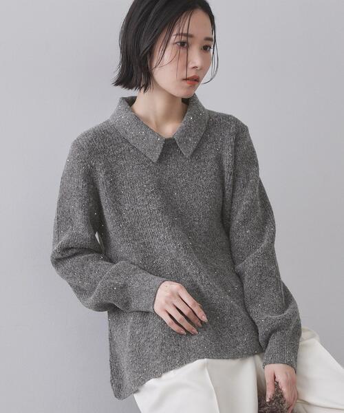 OPAQUE.CLIP（オペークドットクリップ）の「スパンコールラメ衿2WAYペプラムニット【洗濯機OK】（ニット/セーター・レディース・ホワイト系8/ブルー系5/チャコール・38/40）」の2枚目の写真
