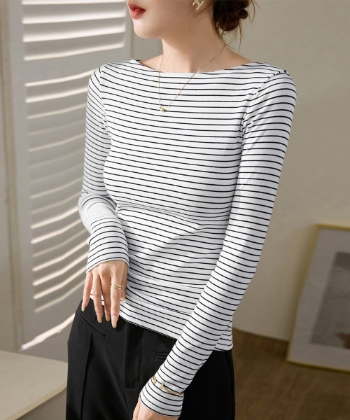 ReRe(リリ)の「ボートネック×ボーダー柄トップス(Tシャツ/カットソー・レディース・ホワイト/ブラック・MEDIUM)」の3枚目の写真