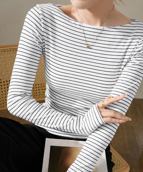ReRe(リリ)の「ボートネック×ボーダー柄トップス(Tシャツ/カットソー・レディース・ホワイト/ブラック・MEDIUM)」の6枚目の写真