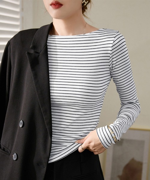 ReRe(リリ)の「ボートネック×ボーダー柄トップス(Tシャツ/カットソー・レディース・ホワイト/ブラック・MEDIUM)」の8枚目の写真