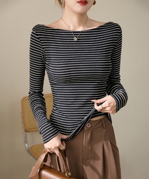 ReRe(リリ)の「ボートネック×ボーダー柄トップス(Tシャツ/カットソー・レディース・ホワイト/ブラック・MEDIUM)」の12枚目の写真
