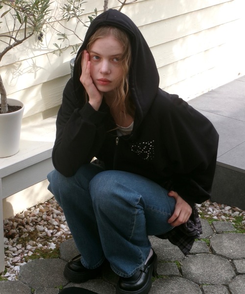 Birthday room(バースデイルーム)の「ラインストーンロゴダブルジップパーカー/Rhinestone logo double zip hoodie(パーカー・レディース・グレー/ブラック・FREE)」の14枚目の写真