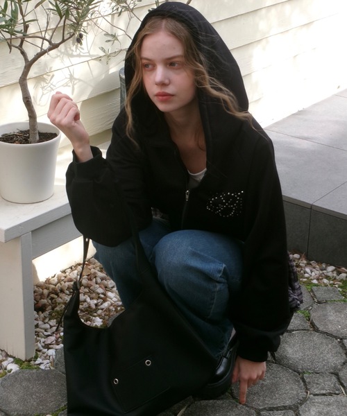 Birthday room(バースデイルーム)の「ラインストーンロゴダブルジップパーカー/Rhinestone logo double zip hoodie(パーカー・レディース・グレー/ブラック・FREE)」の15枚目の写真