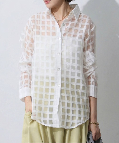 antiqua(アンティカ)の「チェック シアー シャツ(シャツ/ブラウス・レディース・ライム/ホワイト/ブラック・ONESIZE)」の1枚目の写真