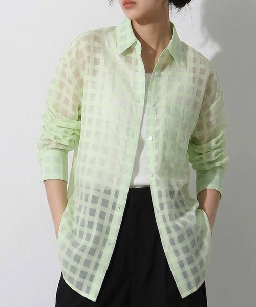 antiqua(アンティカ)の「チェック シアー シャツ(シャツ/ブラウス・レディース・ライム/ホワイト/ブラック・ONESIZE)」の3枚目の写真