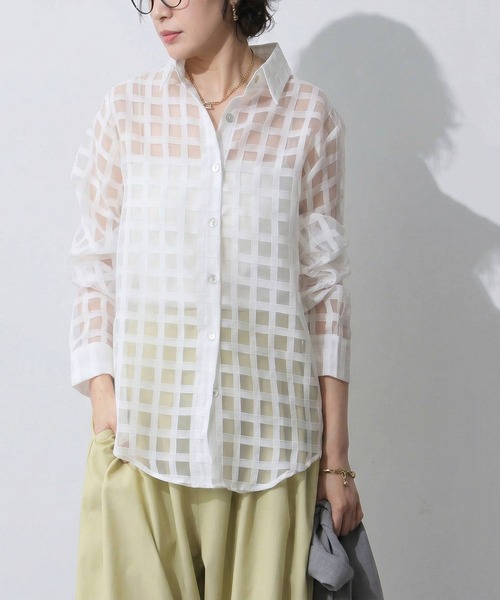 antiqua(アンティカ)の「チェック シアー シャツ(シャツ/ブラウス・レディース・ライム/ホワイト/ブラック・ONESIZE)」の4枚目の写真
