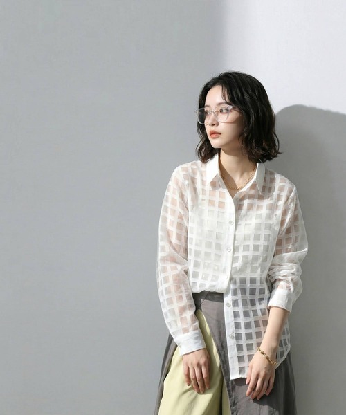 antiqua(アンティカ)の「チェック シアー シャツ(シャツ/ブラウス・レディース・ライム/ホワイト/ブラック・ONESIZE)」の6枚目の写真