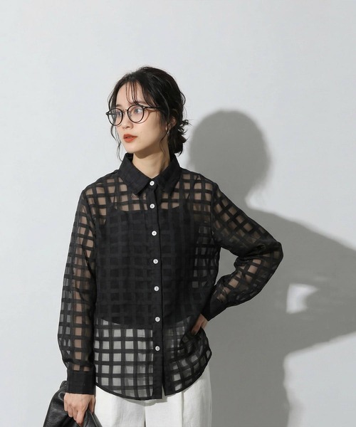 antiqua(アンティカ)の「チェック シアー シャツ(シャツ/ブラウス・レディース・ライム/ホワイト/ブラック・ONESIZE)」の8枚目の写真