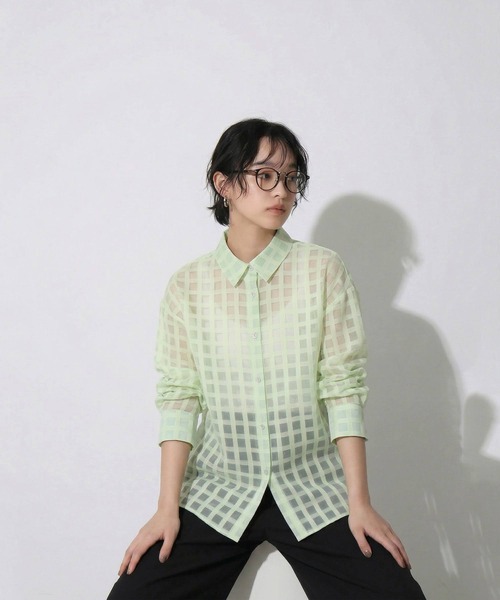 antiqua(アンティカ)の「チェック シアー シャツ(シャツ/ブラウス・レディース・ライム/ホワイト/ブラック・ONESIZE)」の15枚目の写真