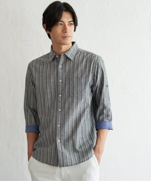 ikka(イッカ)の「【吸水速乾】フレンチリネンMIX袖2WAYストライプシャツ(シャツ/ブラウス・メンズ・ベージュ/ネイビー・XL/L/M/S)」の6枚目の写真