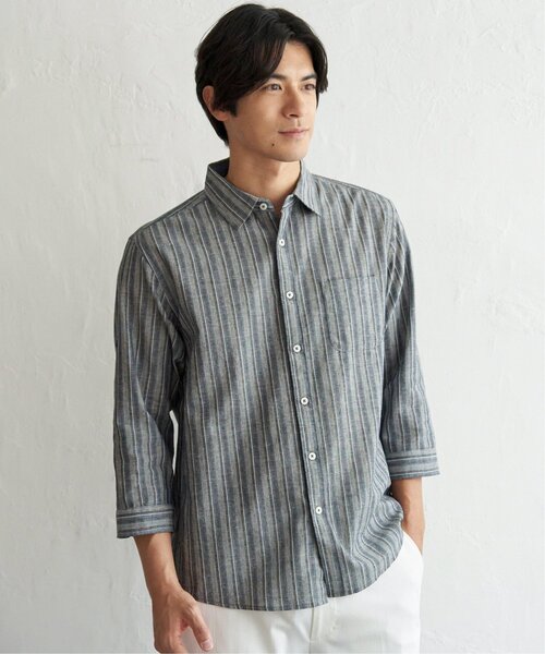 ikka(イッカ)の「【吸水速乾】フレンチリネンMIX袖2WAYストライプシャツ(シャツ/ブラウス・メンズ・ベージュ/ネイビー・XL/L/M/S)」の7枚目の写真