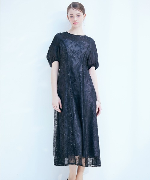AIMER（エメ）の「オーガンジーボリュームスリーブスパンコールレースAラインパーティードレス　結婚式　お呼ばれ　ドレス　20代 30代（ドレス・レディース・ライトグリーン/イエロー/ブラック・SMALL/MEDIUM）」の4枚目の写真