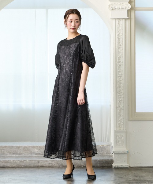 AIMER（エメ）の「オーガンジーボリュームスリーブスパンコールレースAラインパーティードレス　結婚式　お呼ばれ　ドレス　20代 30代（ドレス・レディース・ライトグリーン/イエロー/ブラック・SMALL/MEDIUM）」の7枚目の写真