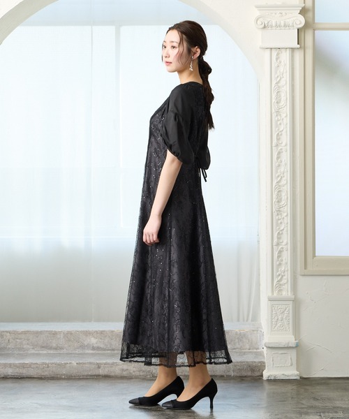 AIMER（エメ）の「オーガンジーボリュームスリーブスパンコールレースAラインパーティードレス　結婚式　お呼ばれ　ドレス　20代 30代（ドレス・レディース・ライトグリーン/イエロー/ブラック・SMALL/MEDIUM）」の8枚目の写真