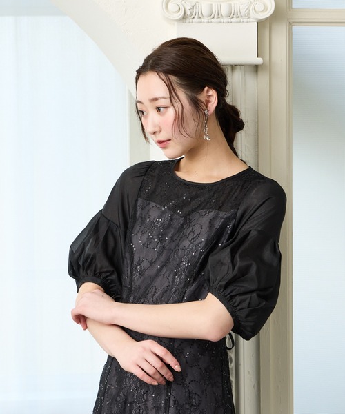 AIMER（エメ）の「オーガンジーボリュームスリーブスパンコールレースAラインパーティードレス　結婚式　お呼ばれ　ドレス　20代 30代（ドレス・レディース・ライトグリーン/イエロー/ブラック・SMALL/MEDIUM）」の10枚目の写真