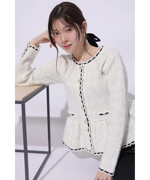 Rirandture(リランドチュール)の「ツィードペプラムニットジャケット(ニット/セーター・レディース・ピンク/ライトグレー/オフホワイト/ブラック・2)」の2枚目の写真