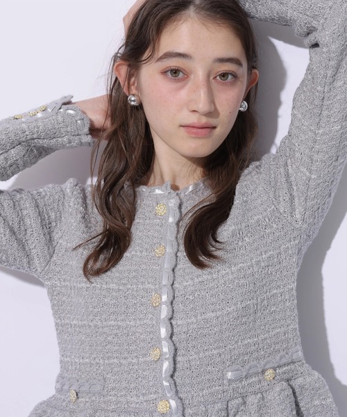 Rirandture(リランドチュール)の「ツィードペプラムニットジャケット(ニット/セーター・レディース・ピンク/ライトグレー/オフホワイト/ブラック・2)」の1枚目の写真