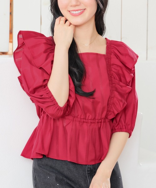 Honeys(ハニーズ)の「肩フリルブラウス(シャツ/ブラウス・レディース・サックスブルー系/ホワイト/レッド/ホワイト×ブルー/ブラック・L/M/S)」の5枚目の写真