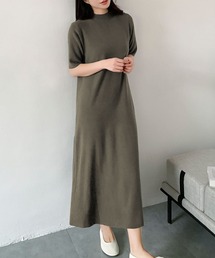 プチハイネック Aライン ロングワンピース 半袖