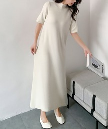 プチハイネック Aライン ロングワンピース 半袖