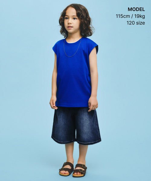 MUSINSA STANDARD KIDS（ムシンサスタンダードキッズ）の「[クールスタンダード] オーバーサイズクルーネックスリーブレストップ [ブルー]（Tシャツ/カットソー・レディース・その他・100/110/120/130/140/150/160）」の2枚目の写真