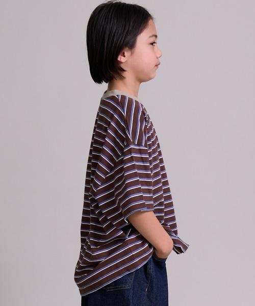 PAIRMANON STREET（ペアマノンストリート）の「【綿100%】シンプル マルチボーダー 半袖 Tシャツ【PAIRMANON STREET】（Tシャツ/カットソー・キッズ・ベージュ/ブラウン/レッド/ライトグリーン/ブラック/ブルー・90/130/120/150/160/100/140/110）」の10枚目の写真