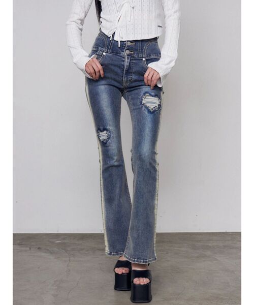 EMODA(エモダ)の「ハートダメージハイウエストフレアパギンス(デニムパンツ・レディース・ブラック/インディゴブルー・MEDIUM/SMALL/X-SMALL)」の4枚目の写真