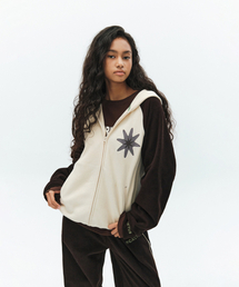 Star Embroidery Fleece Hood Zip-up Jacket-Cream
