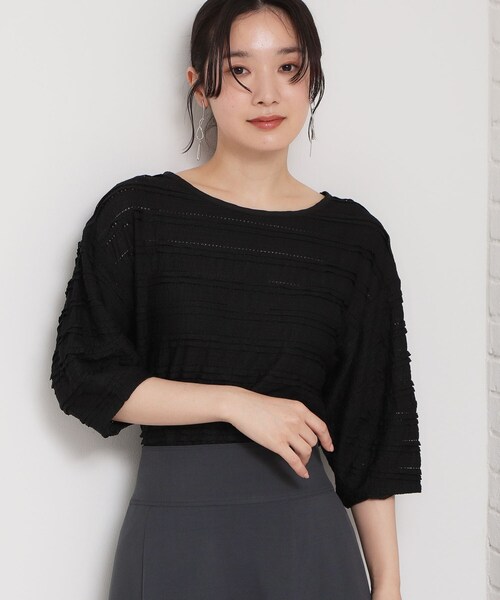 THE SHOP TK (ザ ショップ ティーケー )の「【1枚で美人見え】 フリルレースボーダートップス(Tシャツ/カットソー・レディース・ダークブラウン系8/オフホワイト/ブラック・13/12)」の1枚目の写真