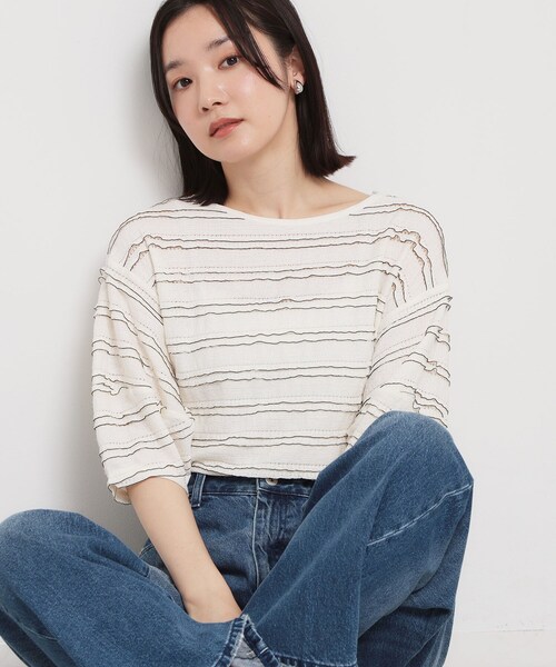 THE SHOP TK (ザ ショップ ティーケー )の「【1枚で美人見え】 フリルレースボーダートップス(Tシャツ/カットソー・レディース・ダークブラウン系8/オフホワイト/ブラック・13/12)」の4枚目の写真