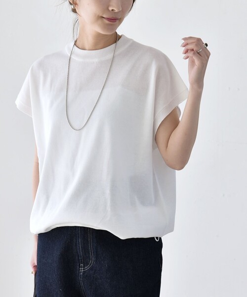 quaranciel(カランシエル)の「quaranciel:〈手洗い可能〉ドロスト フレンチスリーブ シアー ニット プルオーバー(ニット/セーター・レディース・ブラック/ブルー/オフホワイト・ONE SIZE)」の11枚目の写真